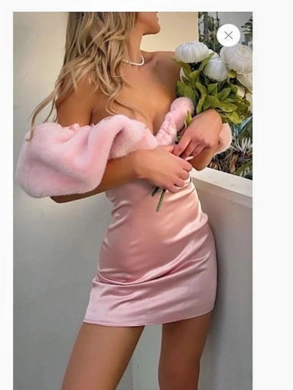 Pink Satin Faux Fur Sleeve Mini Dress